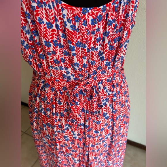 J. Crew Factory Ruffle Midi Curved Hem Dress 14 Women’s Red Blue Floral - Picture 6 of 8